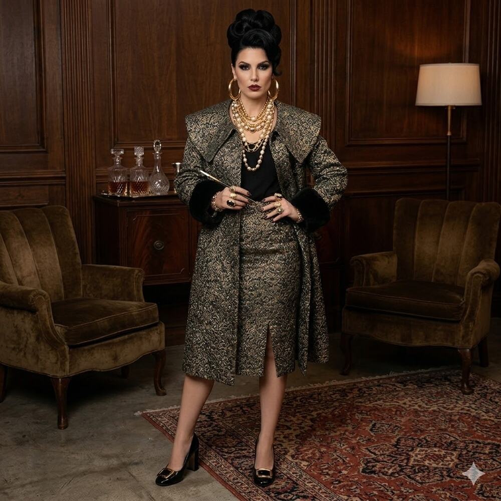 Vintage Sundays Nubiano Leopard Brocade Skirt Set Jacket Faux Fur Trim Glam 12